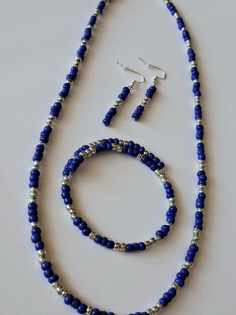 New Royal Blue Beaded Handmade Necklace, Bracelet & Earrings Set